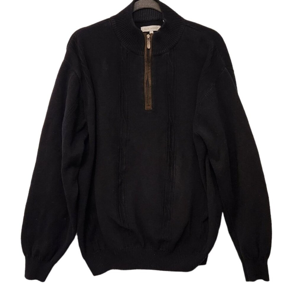 Alex Cannon 1/4 Zip Sweater Black Cable Knit with Elbow Patches Mens XL‎